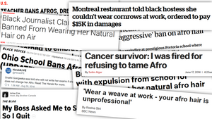 A collection of news headlines covering incidents of hair discrimination in Canada, the United States, and South Africa