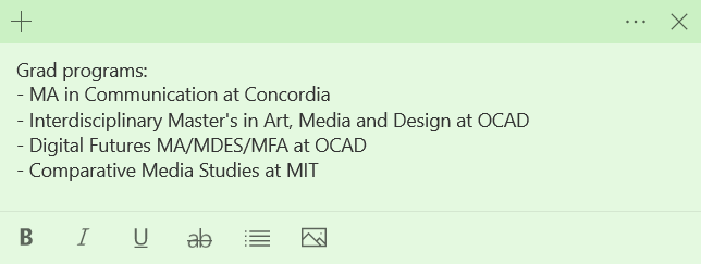 Green sticky note listing graduate programs